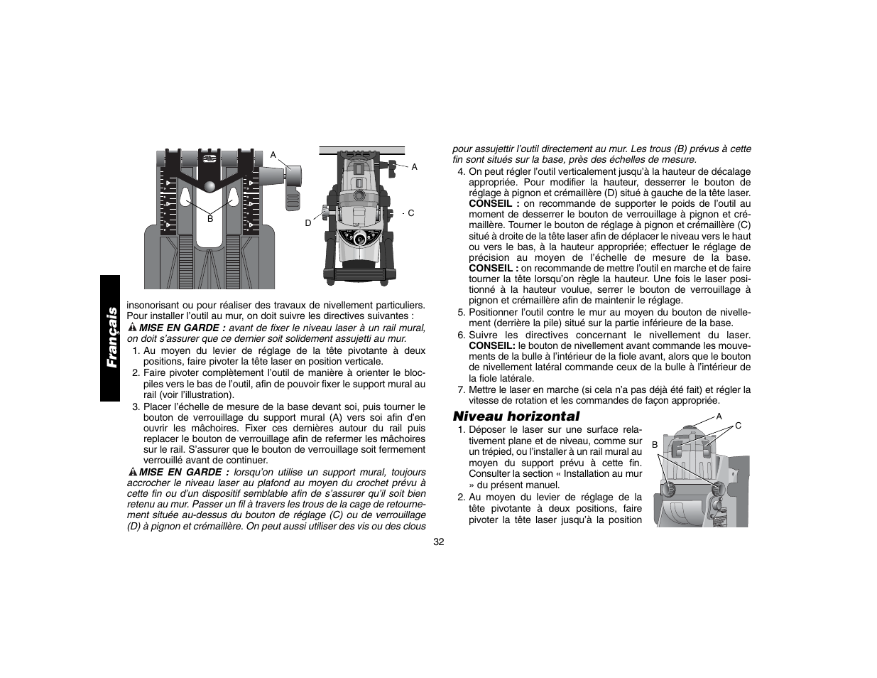Niveau horizontal, Français | Epson DW073 User Manual | Page 34 / 68
