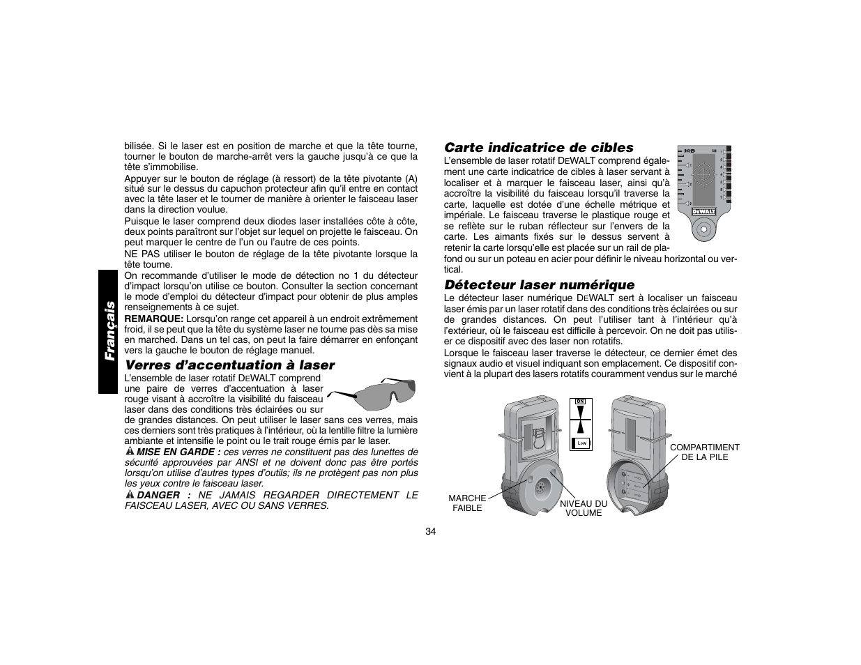 Verres d’accentuation à laser, Carte indicatrice de cibles, Détecteur laser numérique | Français | Epson DW073 User Manual | Page 36 / 68