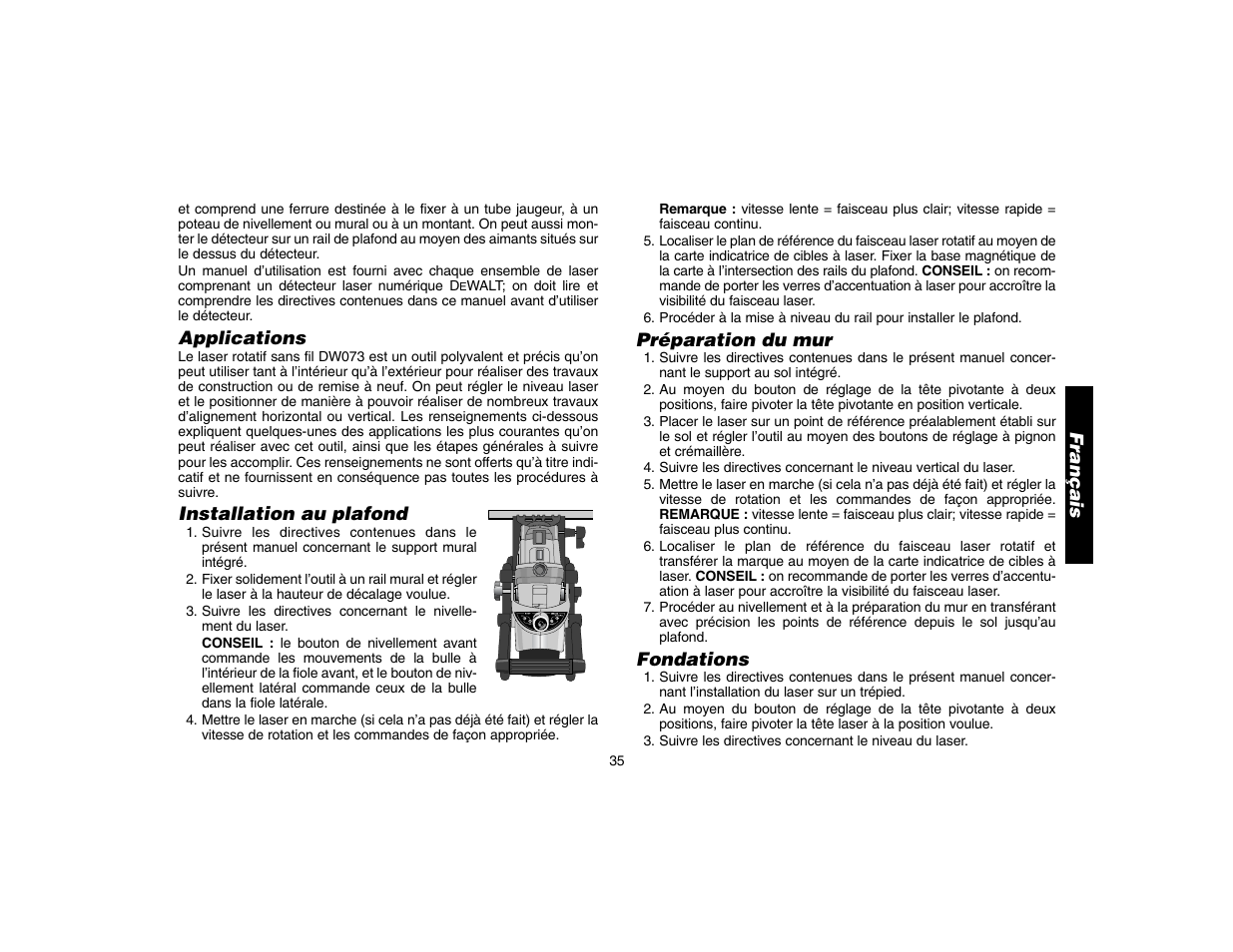Applications, Installation au plafond, Préparation du mur | Fondations, Français | Epson DW073 User Manual | Page 37 / 68