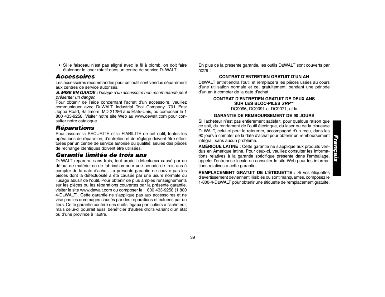 Accessoires, Réparations, Garantie limitée de trois ans | Français | Epson DW073 User Manual | Page 41 / 68