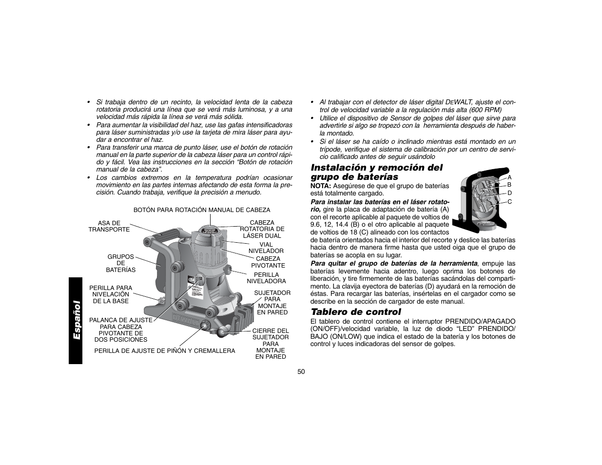 Instalación y remoción del grupo de baterías, Tablero de control, Español | Epson DW073 User Manual | Page 52 / 68