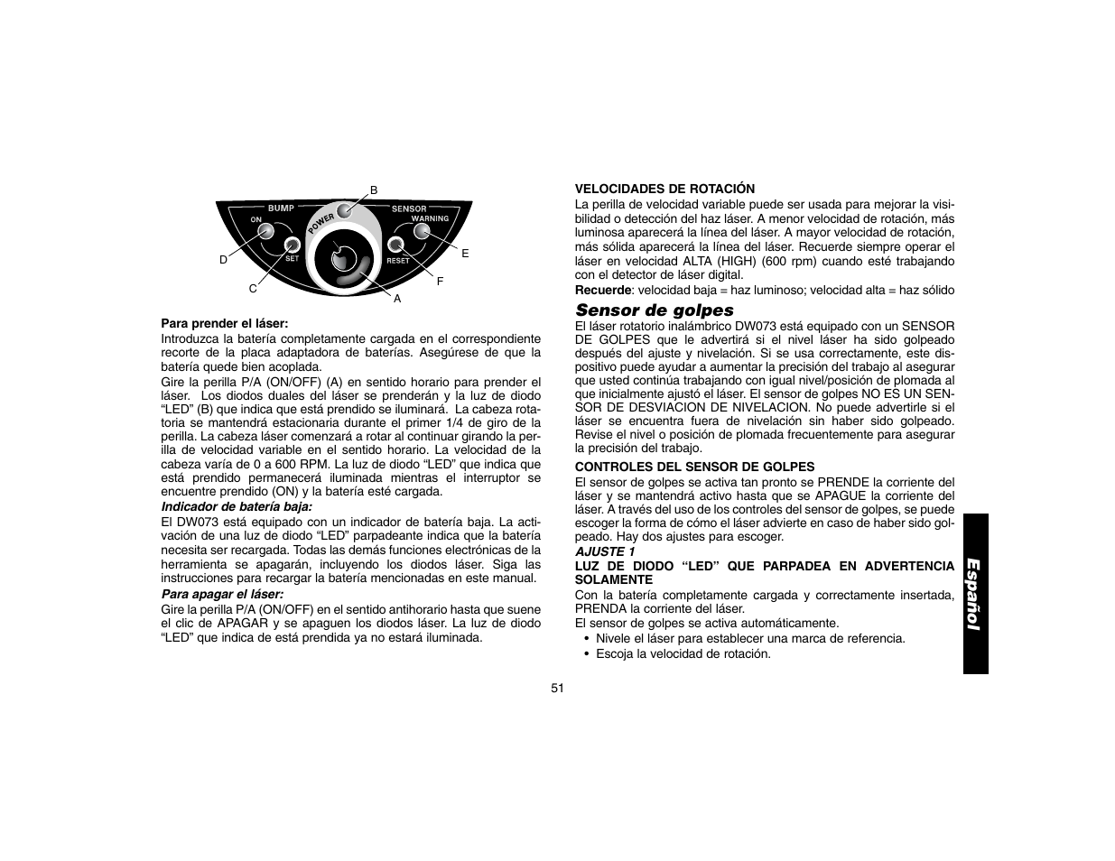 Sensor de golpes, Español | Epson DW073 User Manual | Page 53 / 68