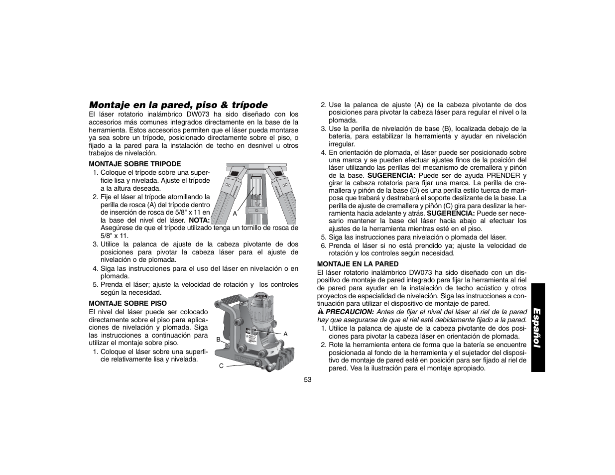 Montaje en la pared, piso & trípode, Español | Epson DW073 User Manual | Page 55 / 68