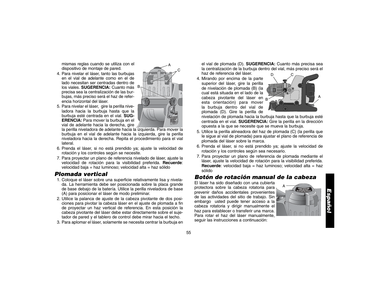 Plomada vertical, Botón de rotación manual de la cabeza, Español | Epson DW073 User Manual | Page 57 / 68