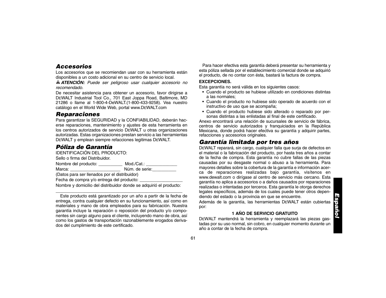 Accesorios, Reparaciones, Póliza de garantía | Garantía limitada por tres años, Español | Epson DW073 User Manual | Page 63 / 68
