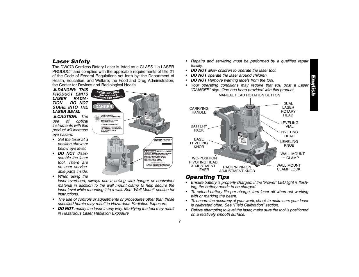 English laser safety, Operating tips | Epson DW073 User Manual | Page 9 / 68