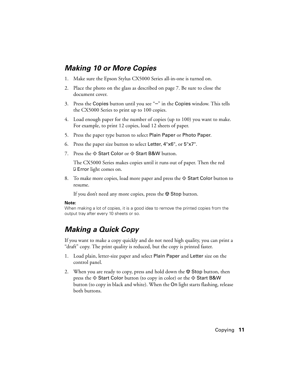 Making 10 or more copies, Making a quick copy | Epson CX5000 User Manual | Page 11 / 56