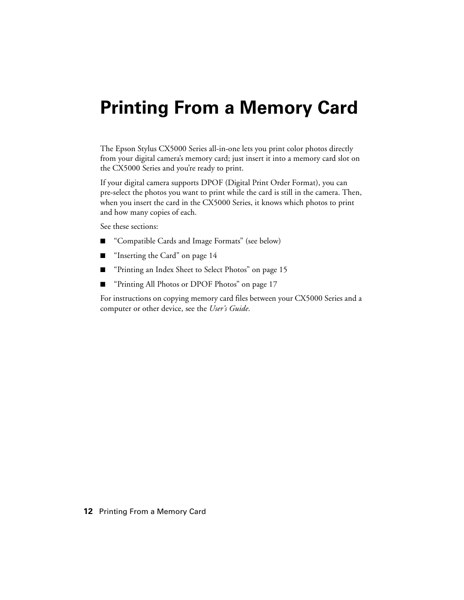 Printing from a memory card | Epson CX5000 User Manual | Page 12 / 56