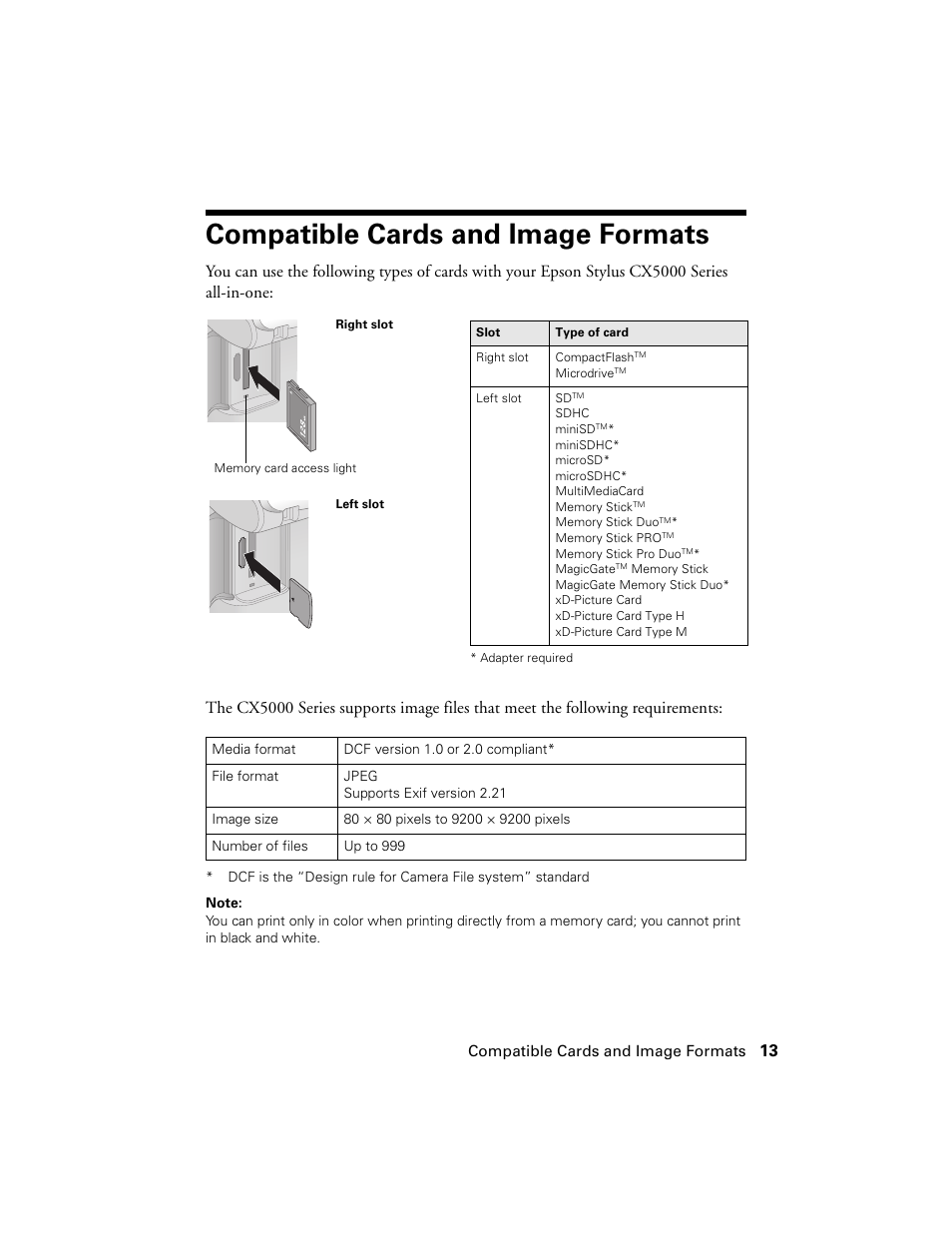 Compatible cards and image formats | Epson CX5000 User Manual | Page 13 / 56