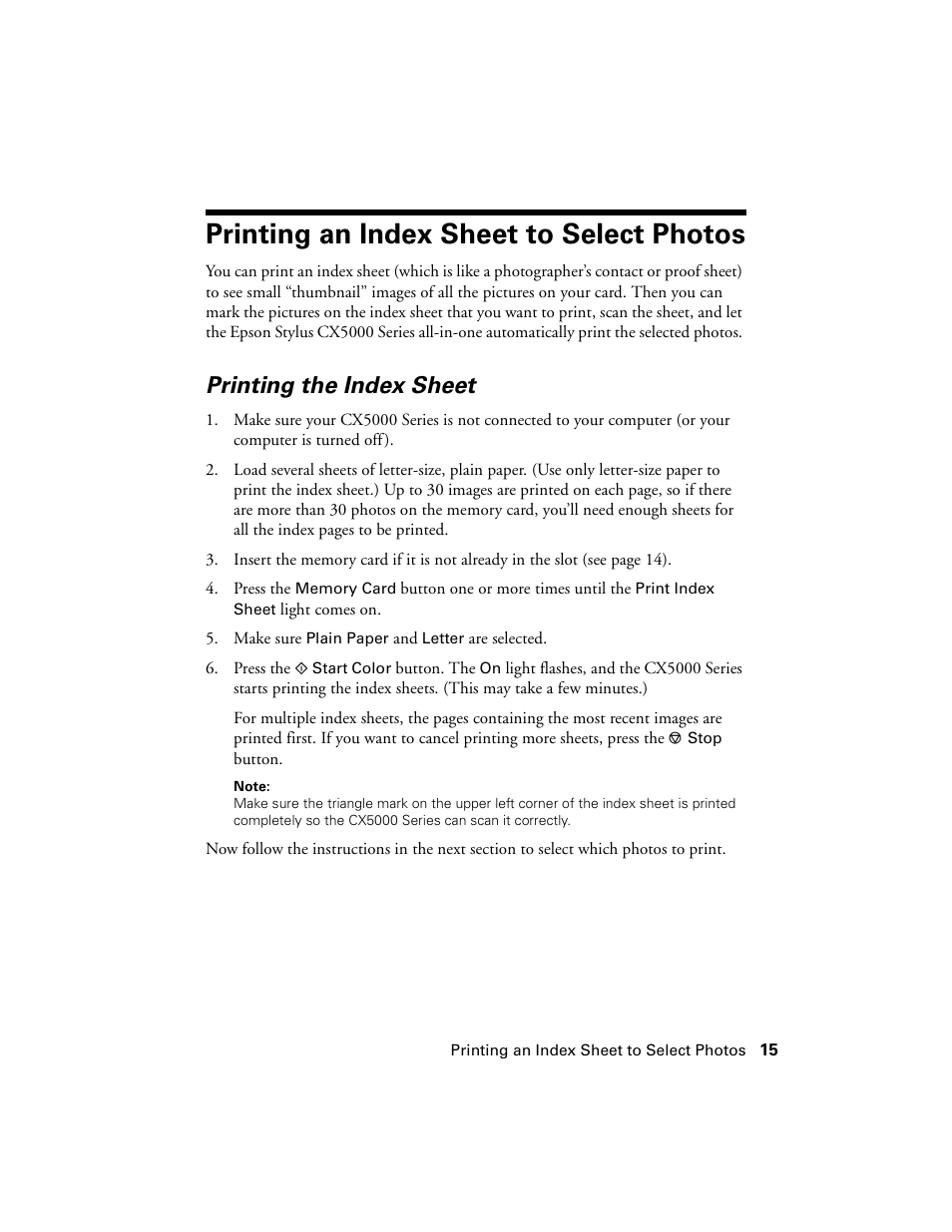Printing an index sheet to select photos, Printing the index sheet | Epson CX5000 User Manual | Page 15 / 56