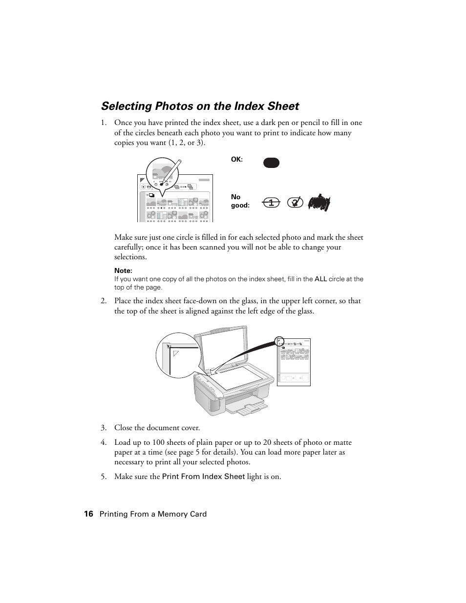 Selecting photos on the index sheet | Epson CX5000 User Manual | Page 16 / 56