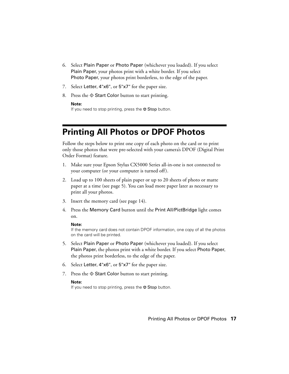 Printing all photos or dpof photos | Epson CX5000 User Manual | Page 17 / 56