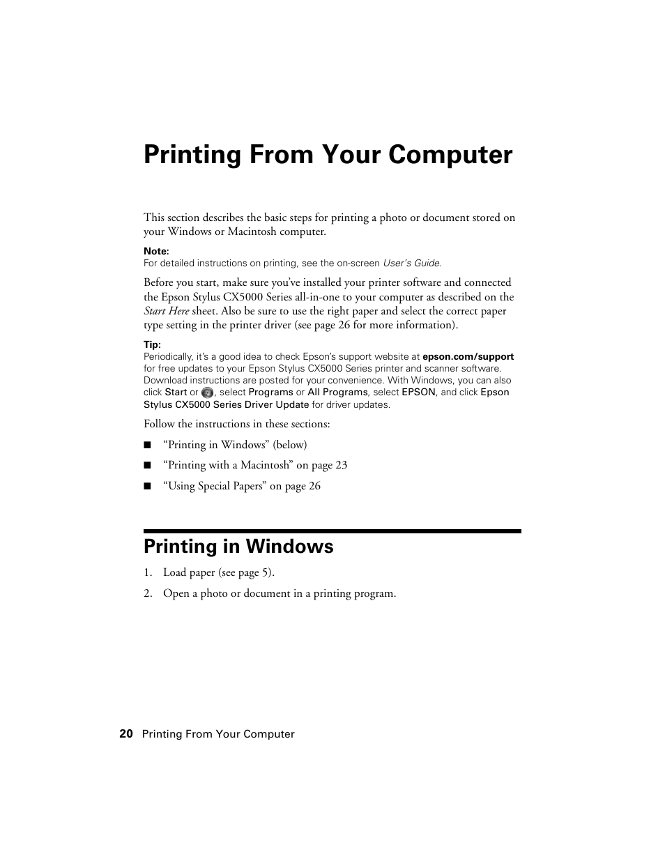 Printing from your computer, Printing in windows | Epson CX5000 User Manual | Page 20 / 56