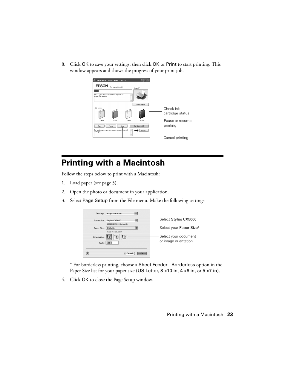 Printing with a macintosh | Epson CX5000 User Manual | Page 23 / 56