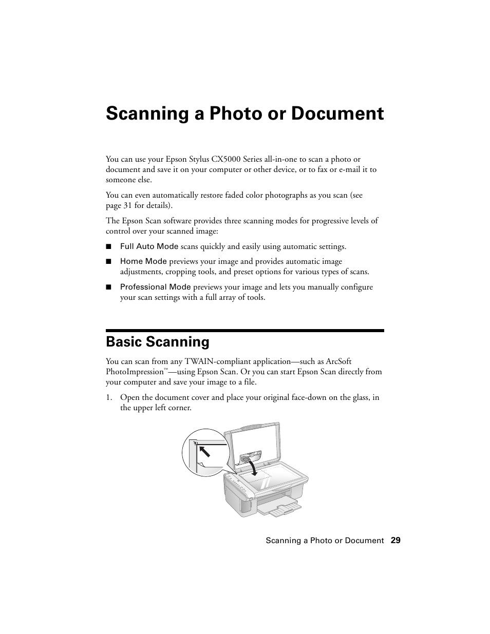 Scanning a photo or document, Basic scanning | Epson CX5000 User Manual | Page 29 / 56