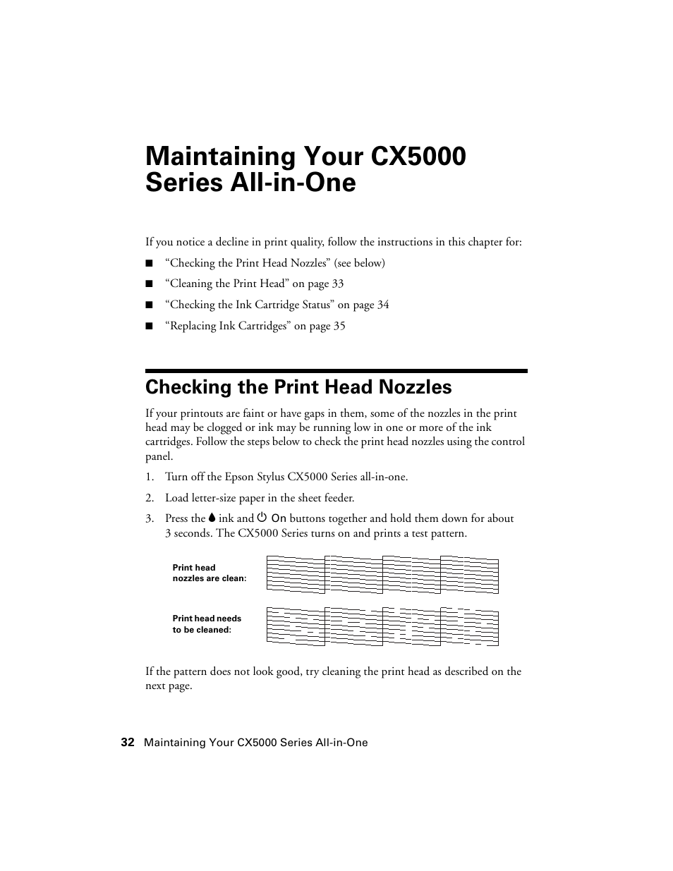 Maintaining your cx5000 series all-in-one, Checking the print head nozzles | Epson CX5000 User Manual | Page 32 / 56