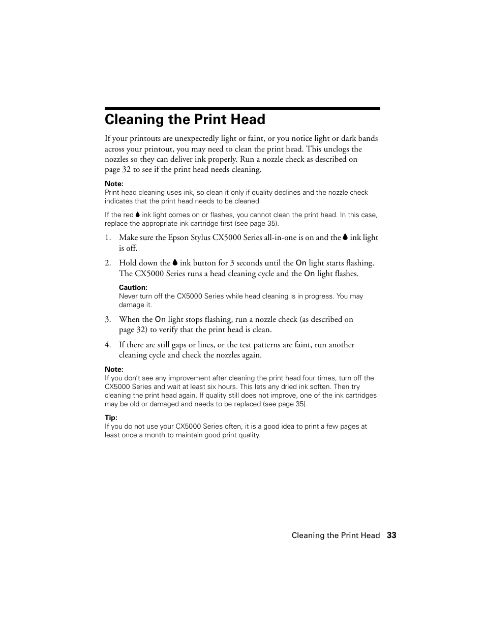 Cleaning the print head | Epson CX5000 User Manual | Page 33 / 56