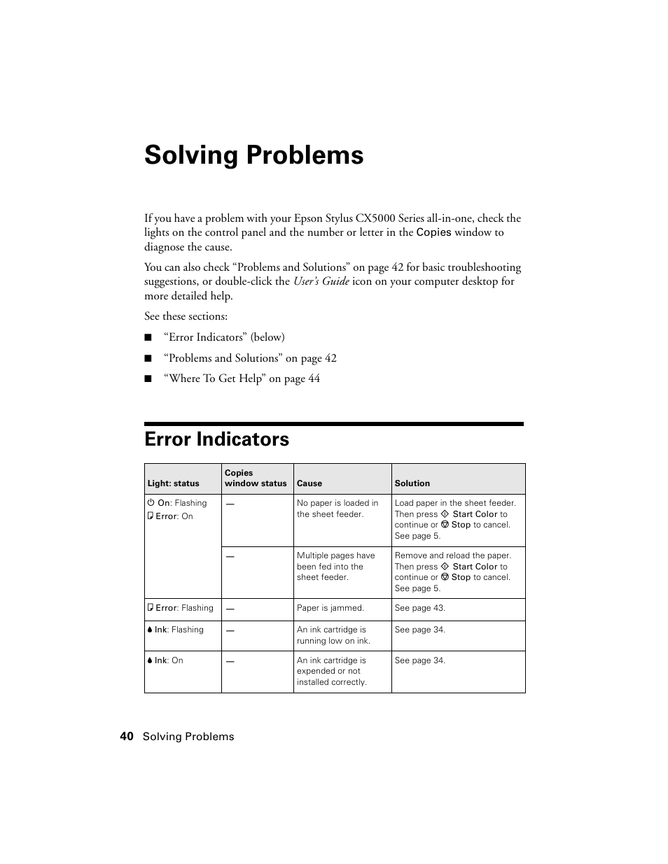 Solving problems, Error indicators | Epson CX5000 User Manual | Page 40 / 56