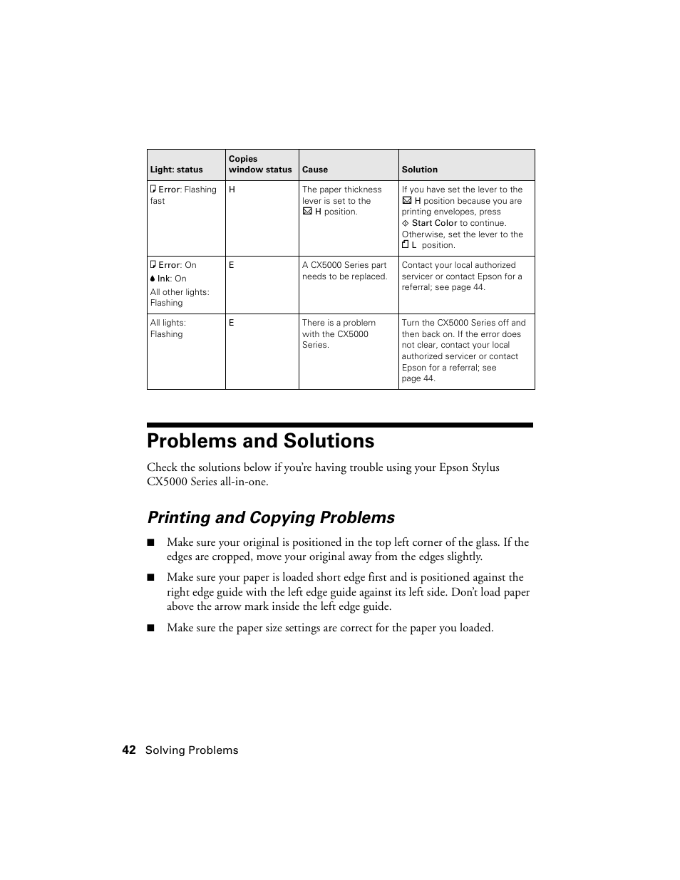 Problems and solutions, Printing and copying problems | Epson CX5000 User Manual | Page 42 / 56