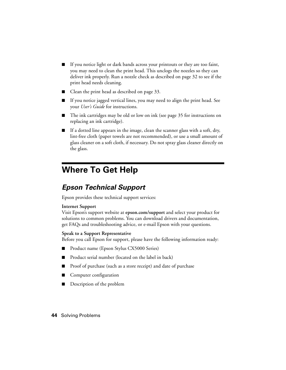 Where to get help, Epson technical support | Epson CX5000 User Manual | Page 44 / 56