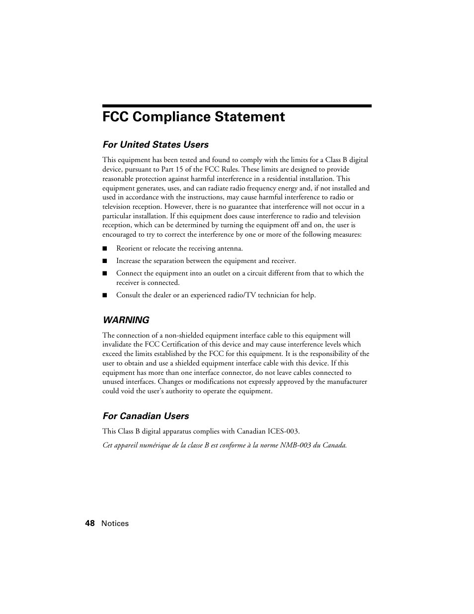 Fcc compliance statement | Epson CX5000 User Manual | Page 48 / 56