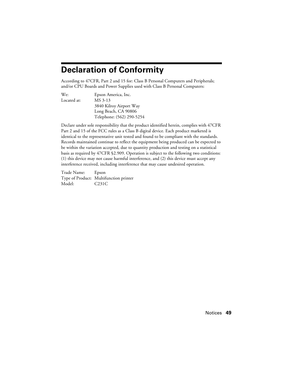 Declaration of conformity | Epson CX5000 User Manual | Page 49 / 56