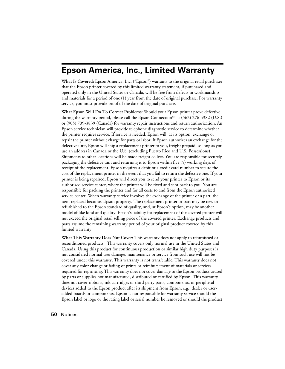 Epson america, inc., limited warranty, Warranty | Epson CX5000 User Manual | Page 50 / 56