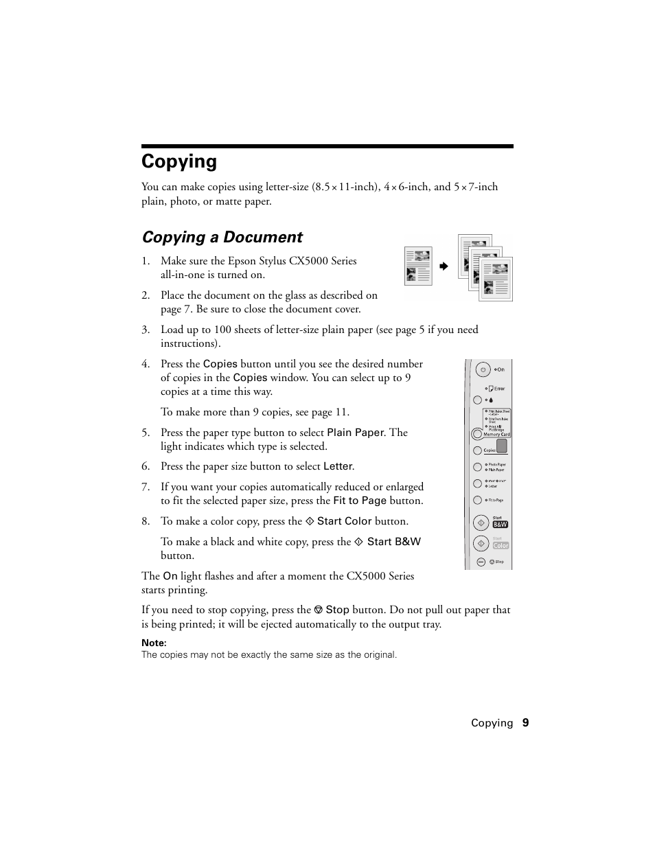 Copying, Copying a document | Epson CX5000 User Manual | Page 9 / 56