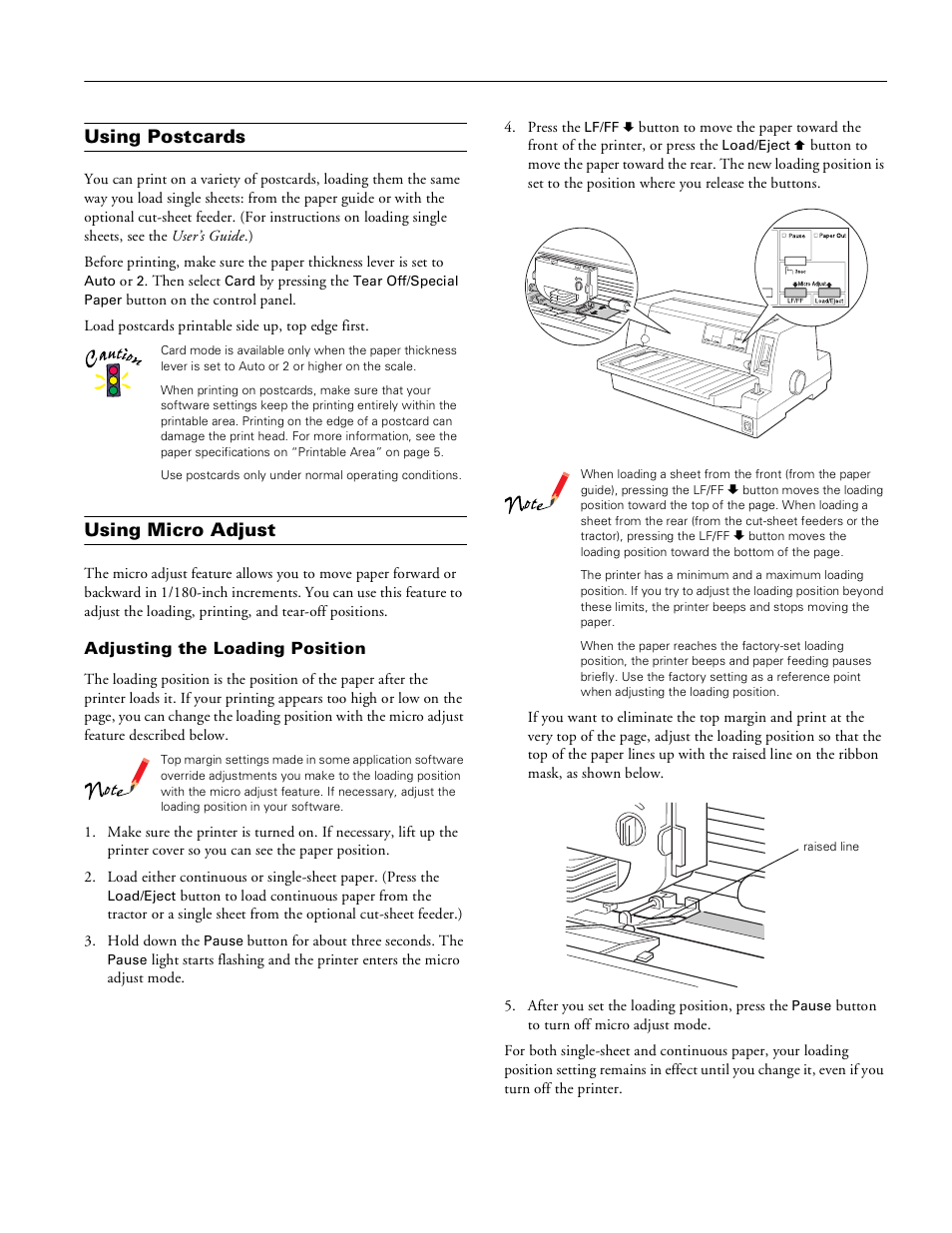 Using postcards, Using micro adjust, Adjusting the loading position | Epson lq-680pro | Epson LQ-680Pro User Manual | Page 11 / 16