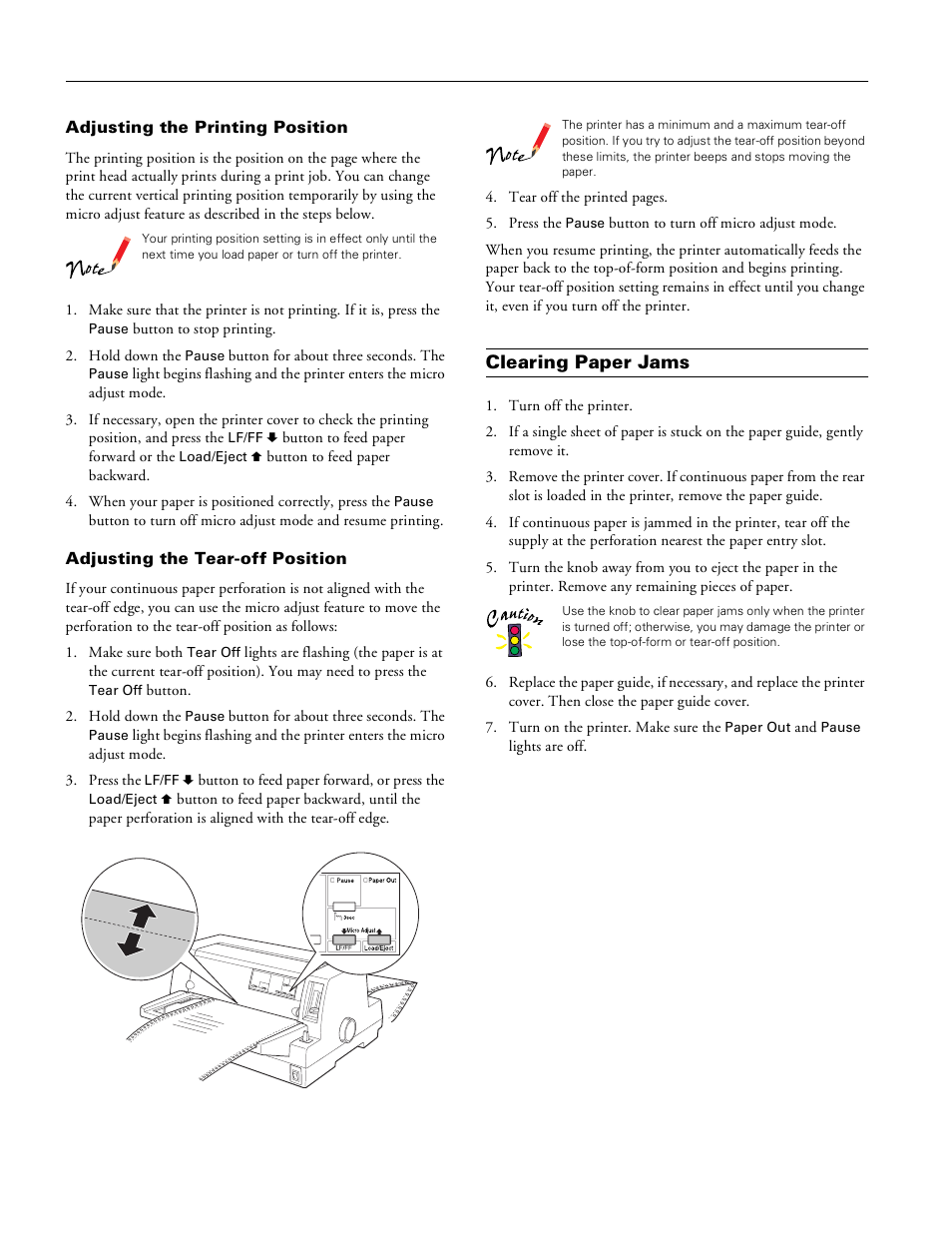 Adjusting the printing position, Adjusting the tear- off position, Clearing paper jams | Epson LQ-680Pro User Manual | Page 12 / 16