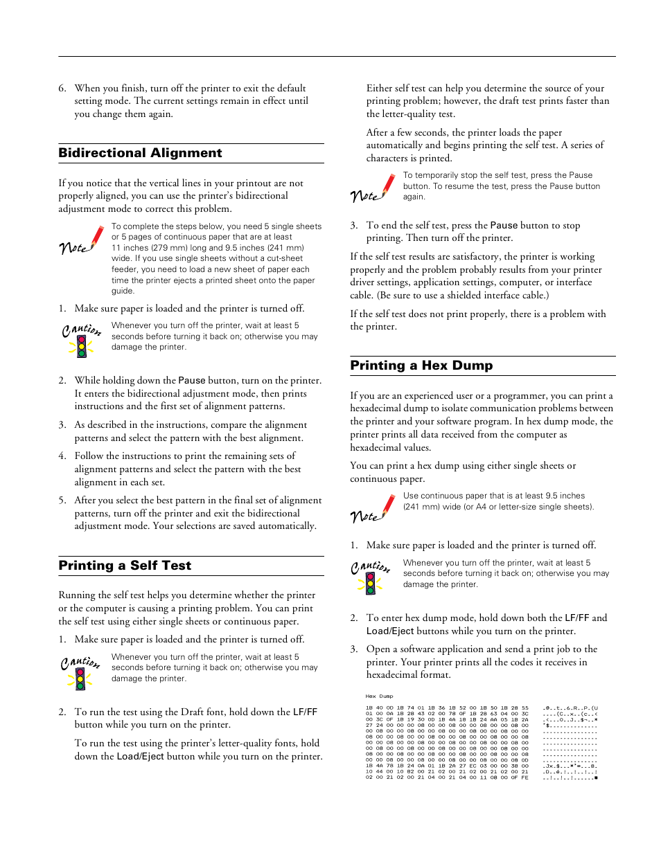 Bidirectional alignment, Printing a self test, Printing a hex dump | Epson LQ-680Pro User Manual | Page 15 / 16