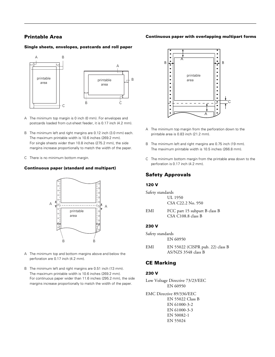 Printable area, Safety approvals, Ce marking | Epson lq-680pro | Epson LQ-680Pro User Manual | Page 5 / 16
