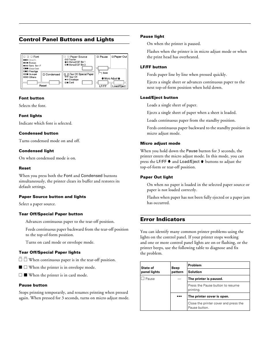 Control panel buttons and lights, Error indicators, Epson lq-680pro | Epson LQ-680Pro User Manual | Page 6 / 16