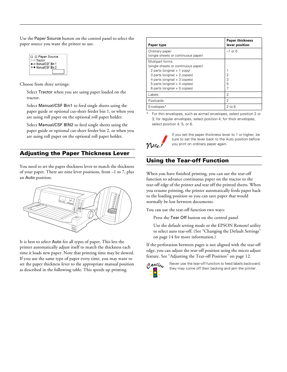 Adjusting the paper thickness lever, Using the tear-off function, Epson lq-680pro | Epson LQ-680Pro User Manual | Page 8 / 16