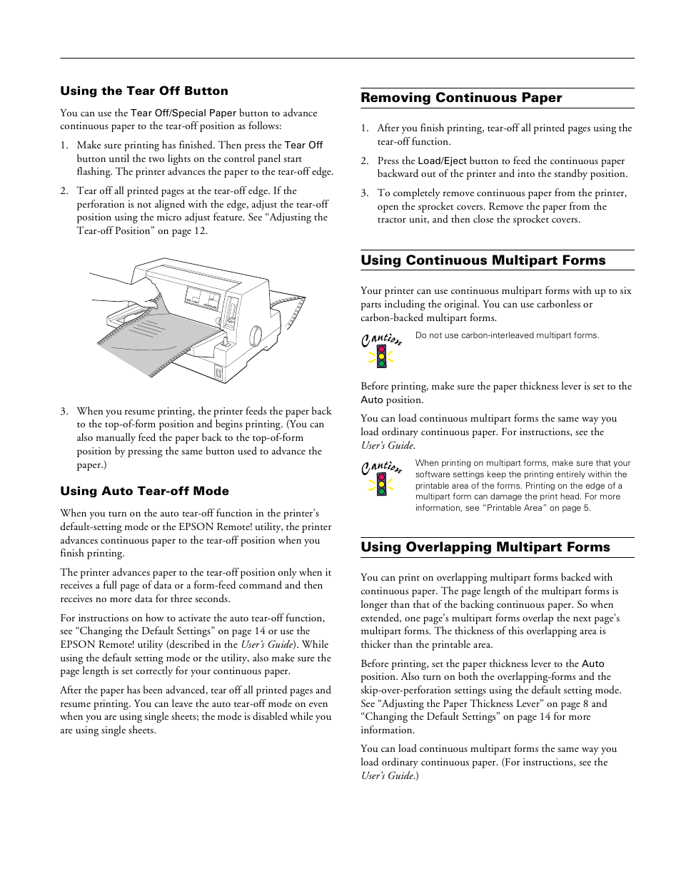 Using the tear off button, Using auto tear- off mode, Removing continuous paper | Using continuous multipart forms, Using overlapping multipart forms | Epson LQ-680Pro User Manual | Page 9 / 16