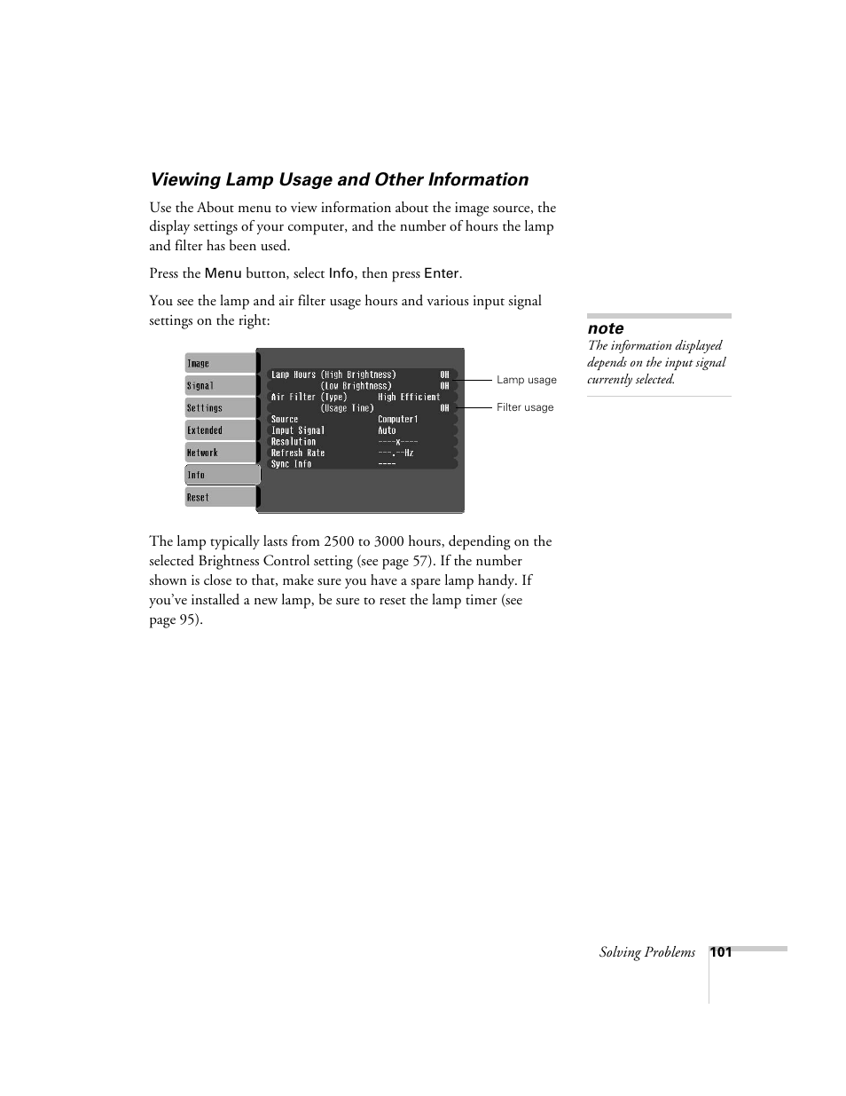 Viewing lamp usage and other information | Epson 6100i User Manual | Page 101 / 132