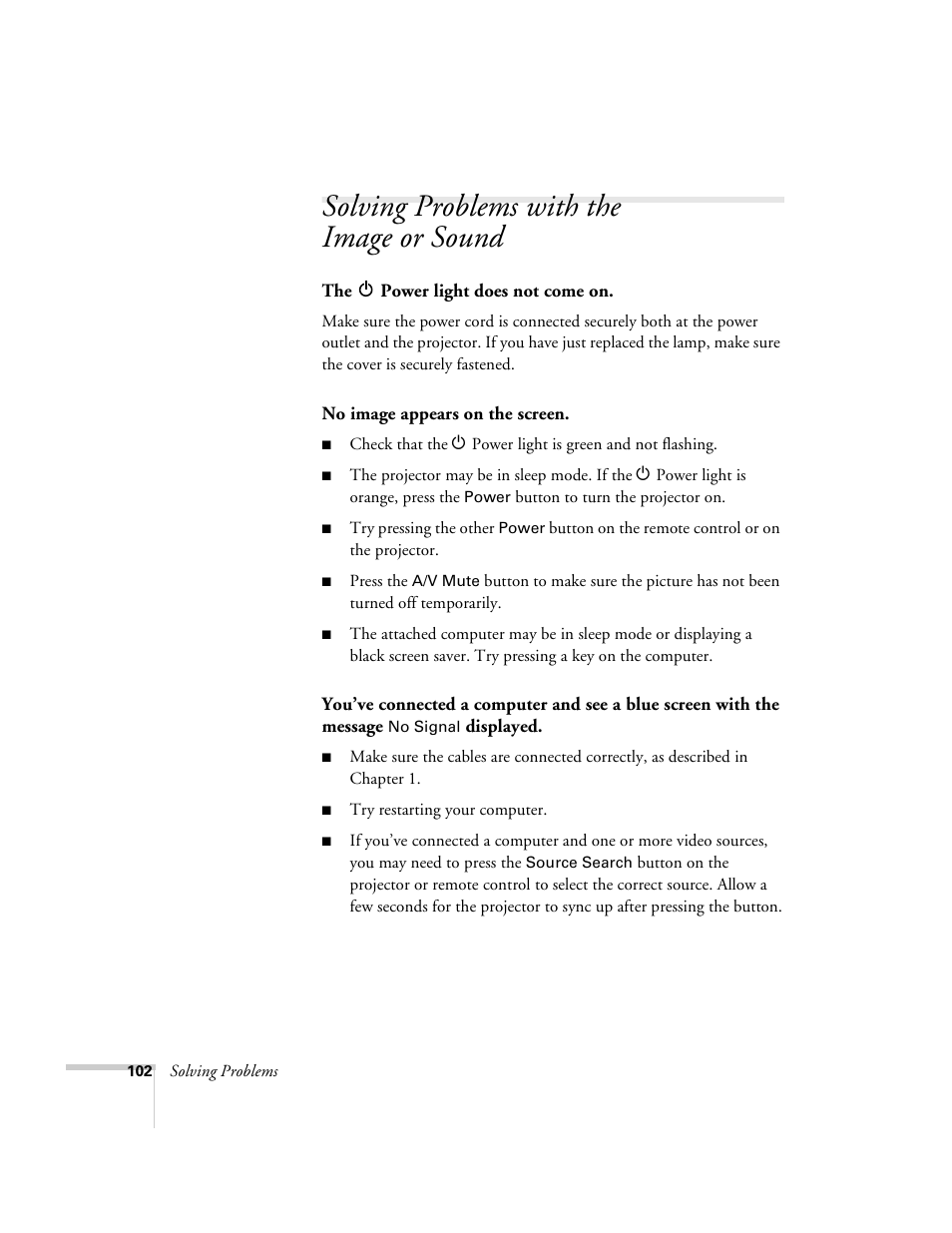 Solving problems with the image or sound | Epson 6100i User Manual | Page 102 / 132