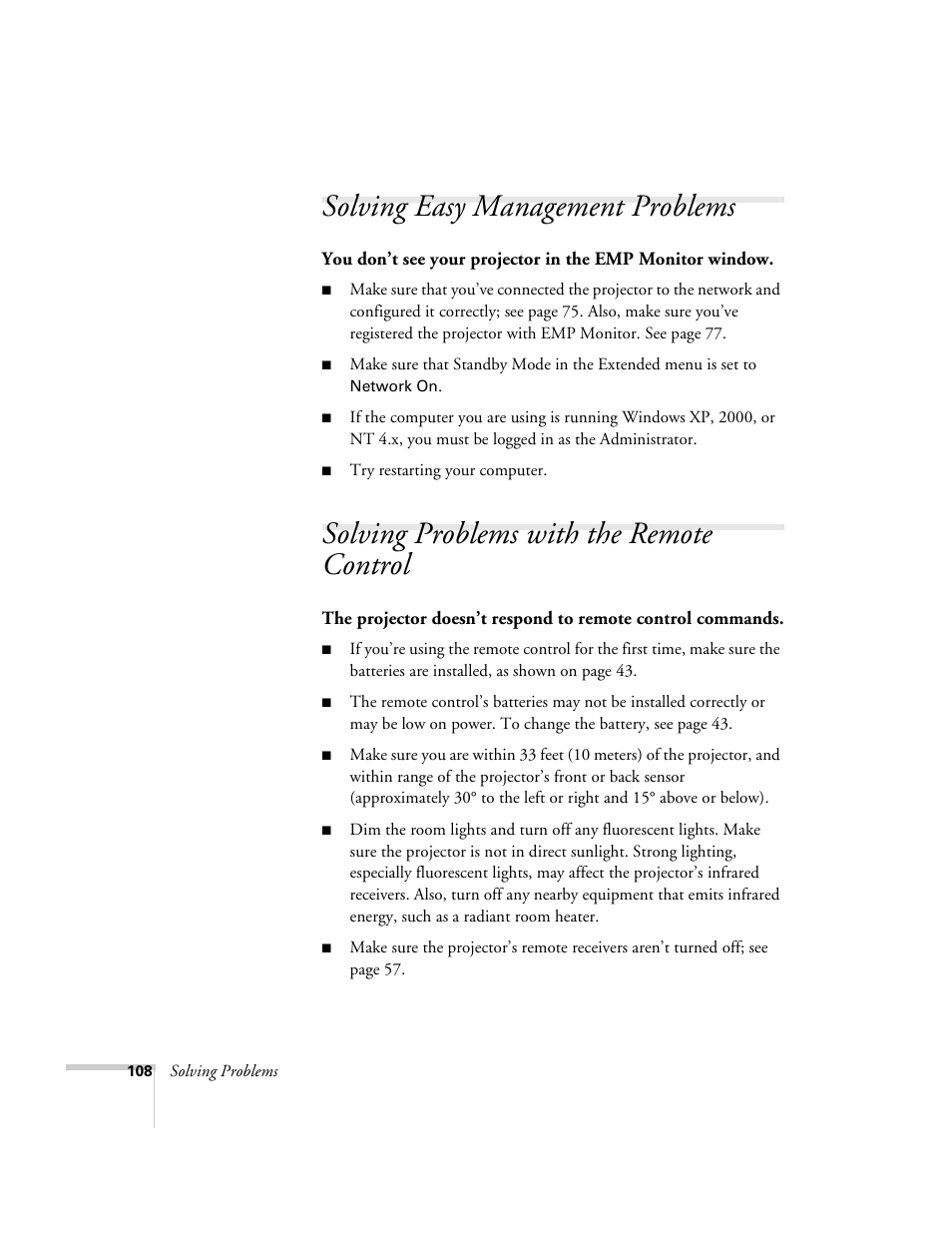 Solving easy management problems, Solving problems with the remote control | Epson 6100i User Manual | Page 108 / 132