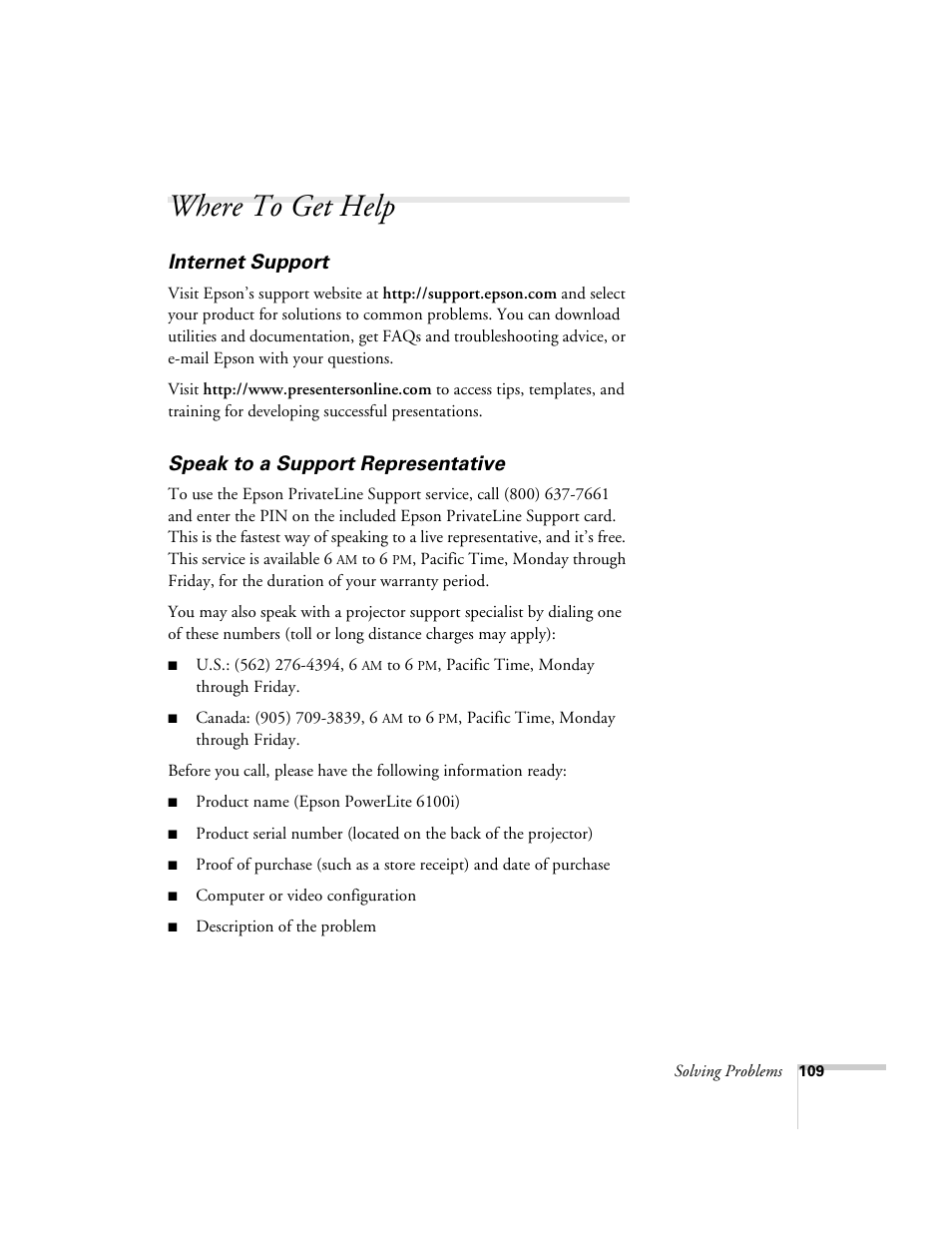 Where to get help, Internet support, Speak to a support representative | Internet support speak to a support representative | Epson 6100i User Manual | Page 109 / 132