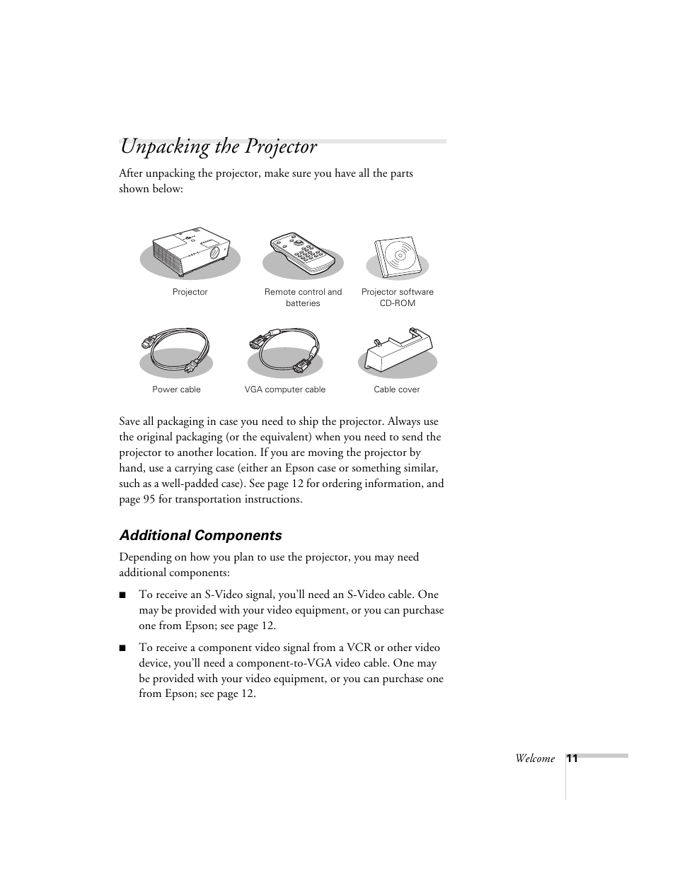 Unpacking the projector, Additional components | Epson 6100i User Manual | Page 11 / 132