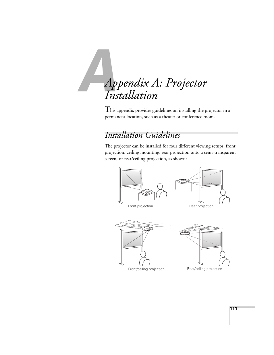 Appendix a: projector installation, Installation guidelines | Epson 6100i User Manual | Page 111 / 132