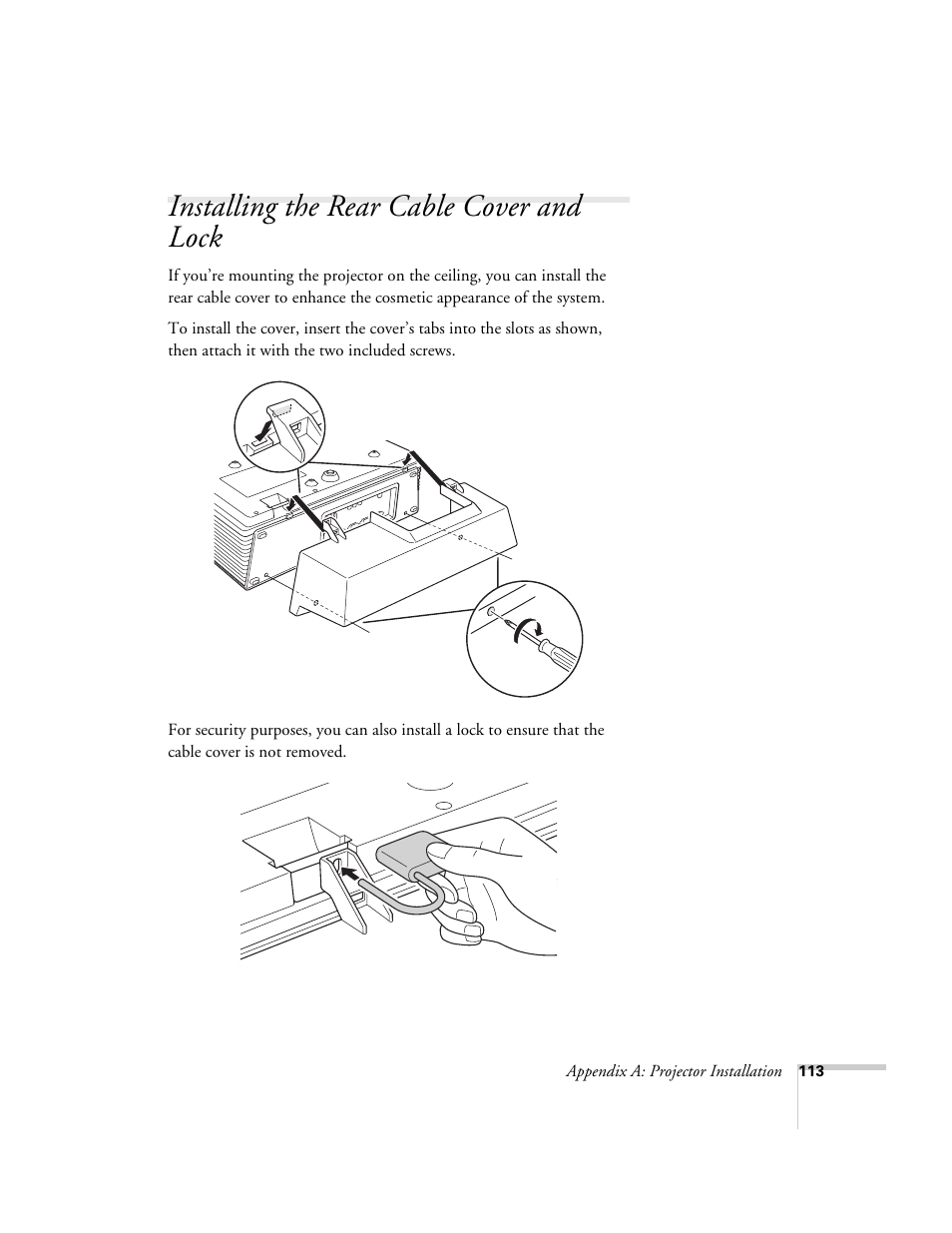 Installing the rear cable cover and lock | Epson 6100i User Manual | Page 113 / 132