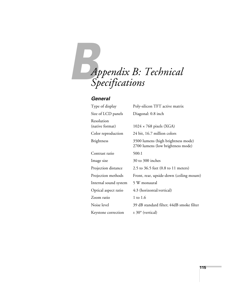 Appendix b: technical specifications, General | Epson 6100i User Manual | Page 115 / 132