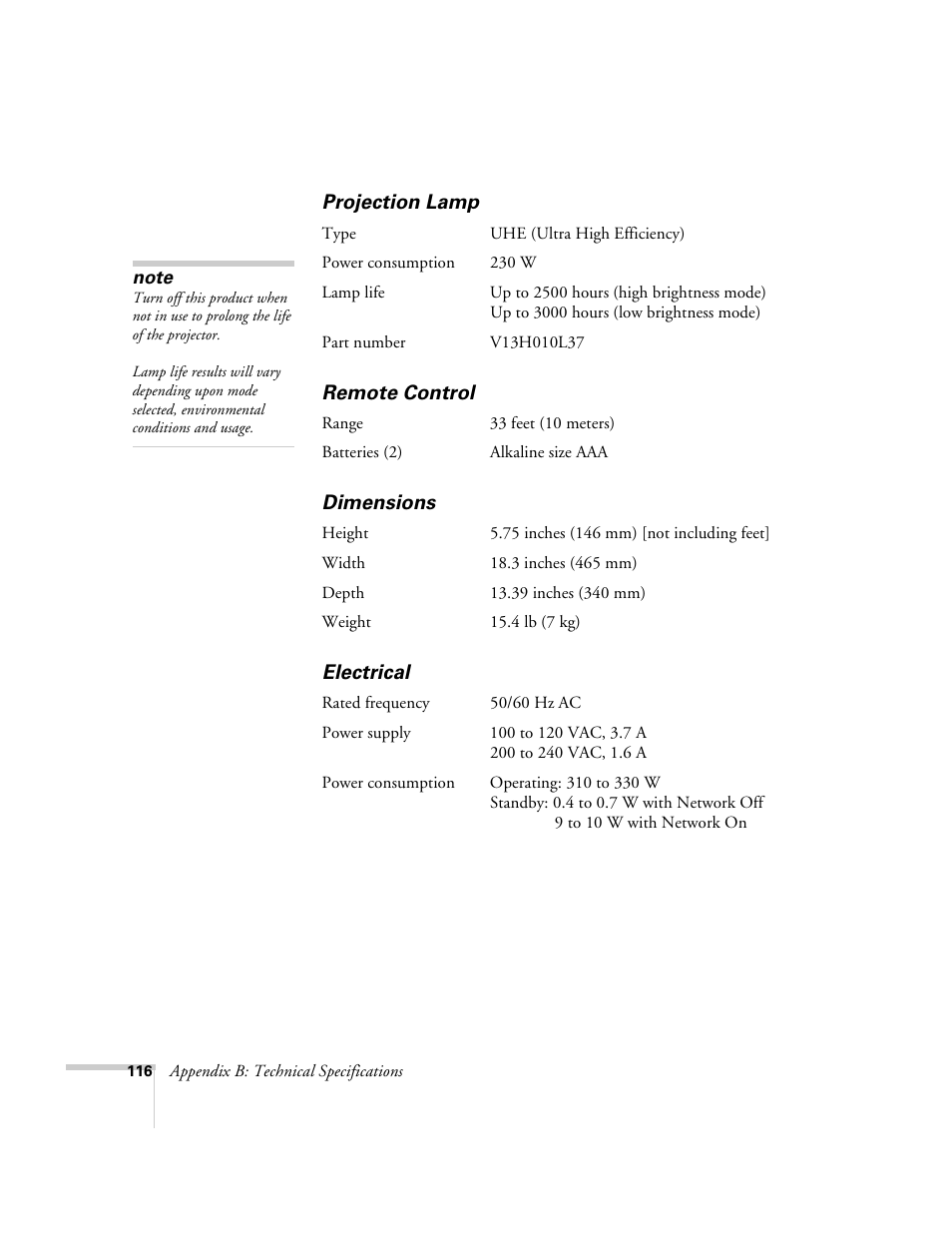 Projection lamp, Remote control, Dimensions | Electrical | Epson 6100i User Manual | Page 116 / 132