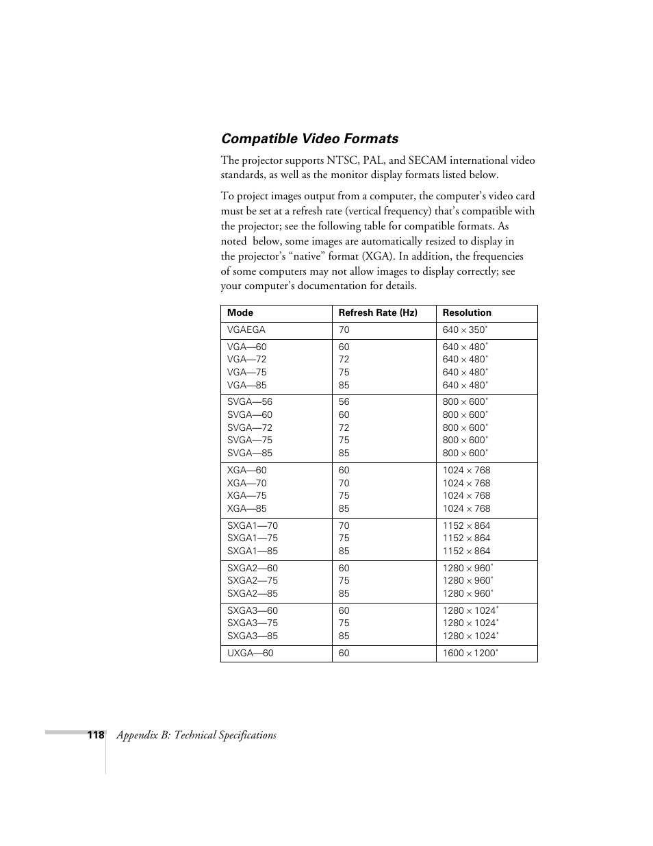 Compatible video formats, Appendix b: technical specifications | Epson 6100i User Manual | Page 118 / 132