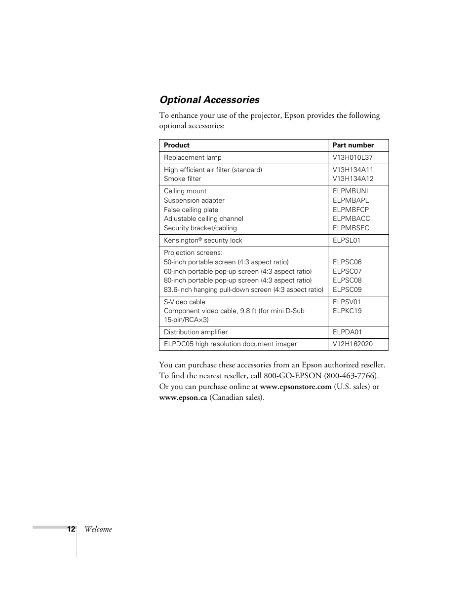 Optional accessories | Epson 6100i User Manual | Page 12 / 132