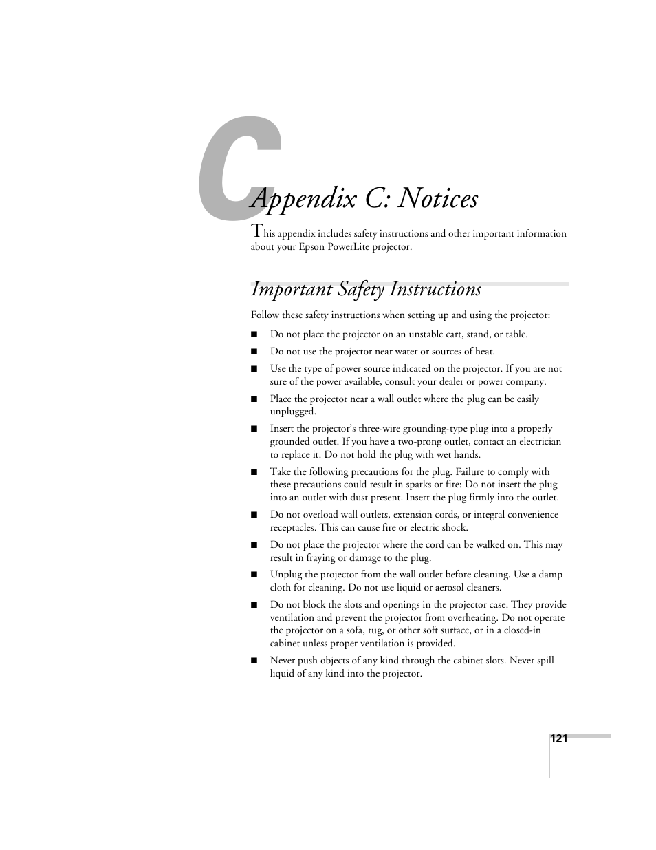 Appendix c: notices, Important safety instructions | Epson 6100i User Manual | Page 121 / 132