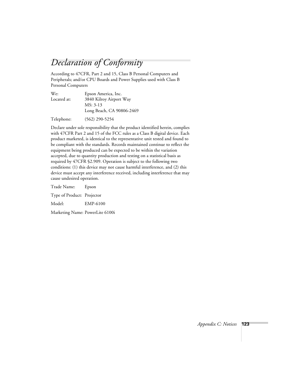 Declaration of conformity | Epson 6100i User Manual | Page 123 / 132