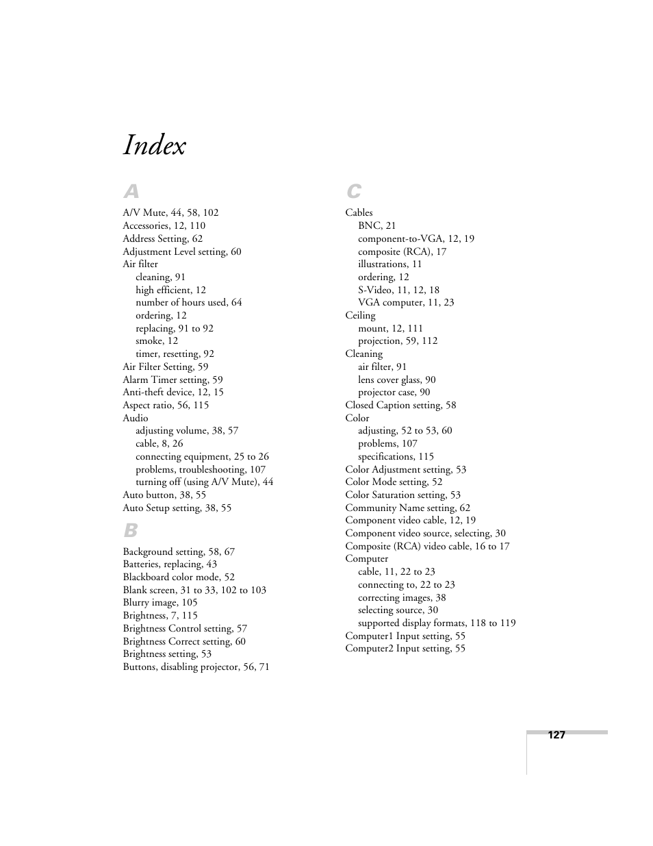 Index | Epson 6100i User Manual | Page 127 / 132