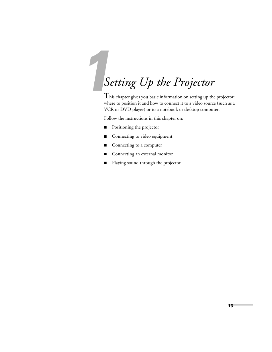 Setting up the projector | Epson 6100i User Manual | Page 13 / 132